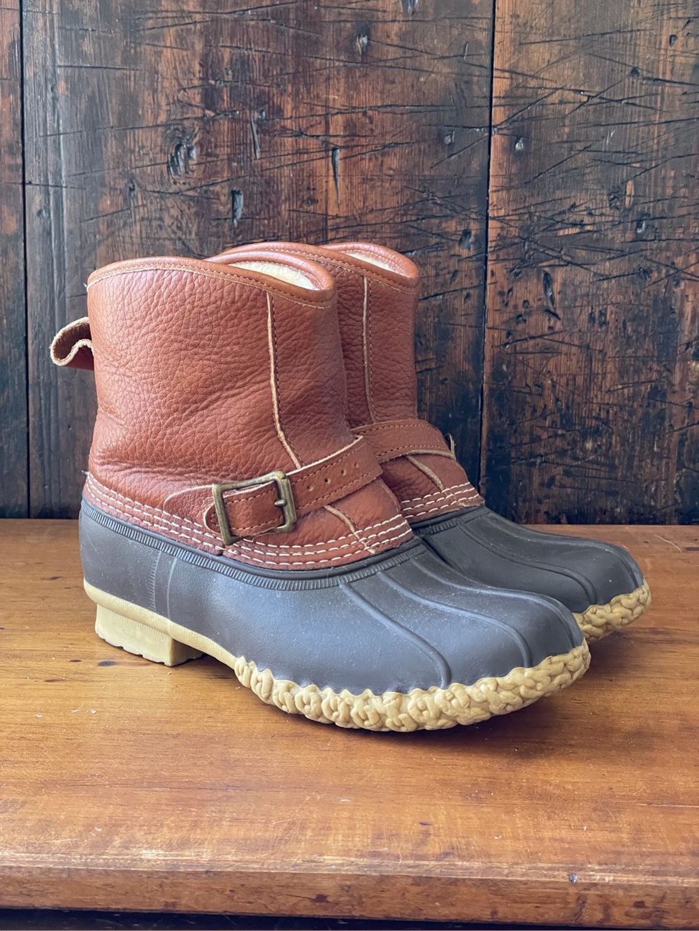 L.L. Bean Boots Shearling Lined Brown Leather Buckle Strap Duck Maine Women’s 8